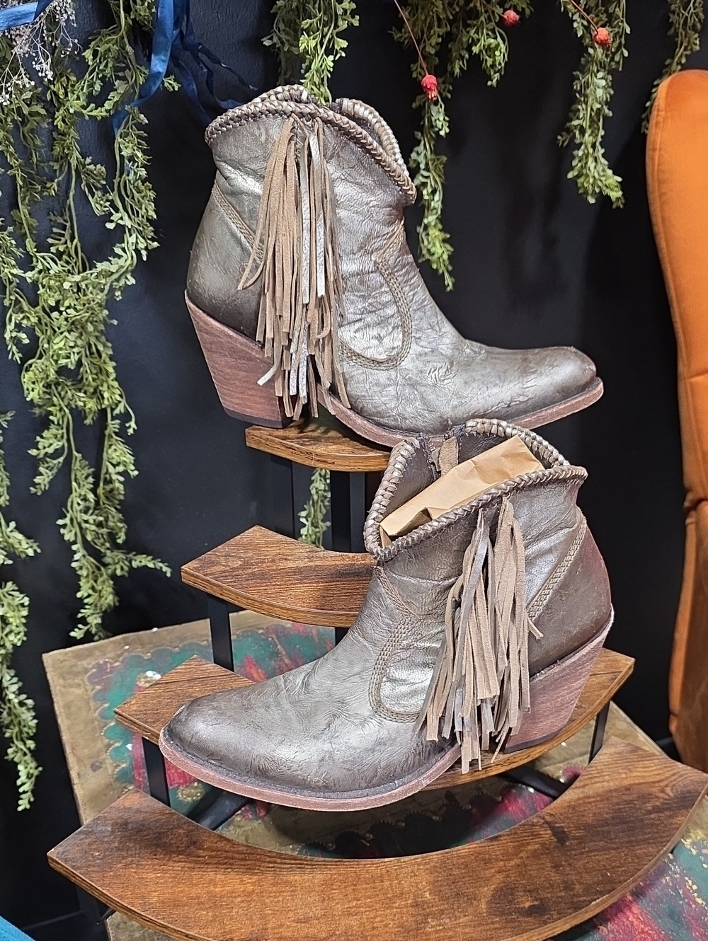 LIBERTY Black Metallic Distressed Leather Fringe Western Ankle Booties